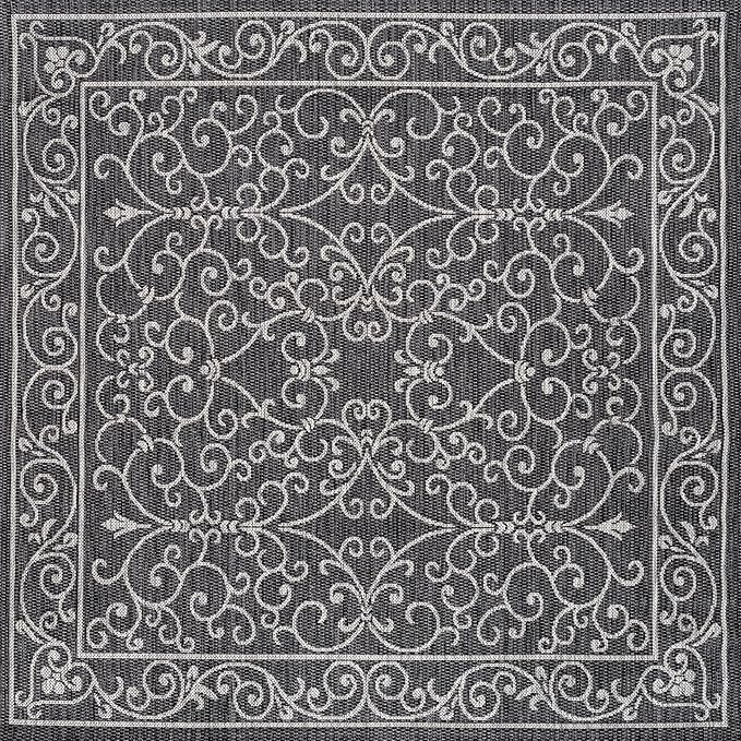 JONATHAN Y Vintage Filigree Indoor Outdoor Square Area Rug 4X4 Black/Gray, Charleston Textured Weave for Backyard, Patio, Porch, Easy-Cleaning, High Traffic, Pet-Friendly, Non-Shedding (SMB106G-4SQ)