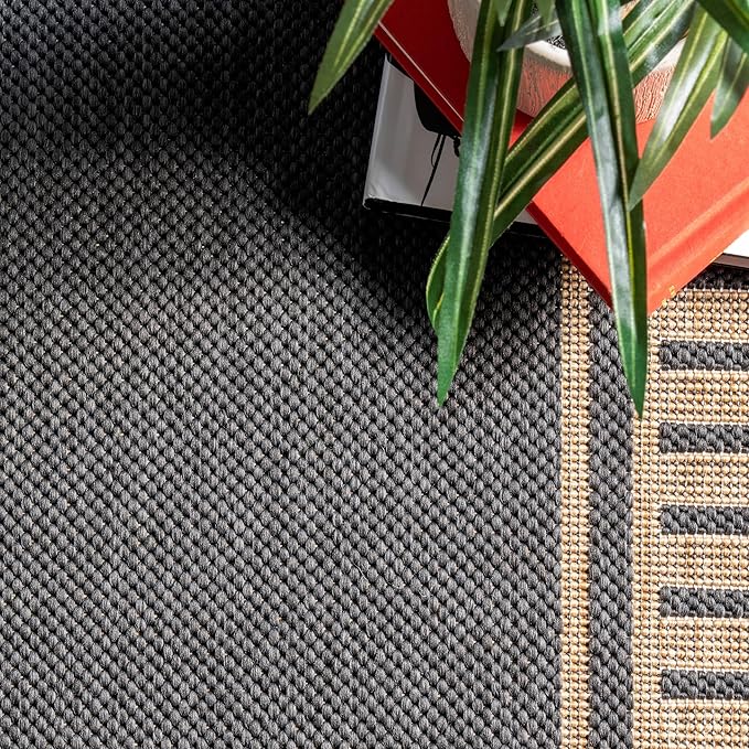 Nuloom Asha Dark Grey/Ivory, 2' x 6', Casual, Striped Border, Soft and Cozy, High Traffic, Stain Resistant, Easy Clean, Durable Runner for Indoor/Outdoor Patio, Deck, Porch, Garden, Courtyard
