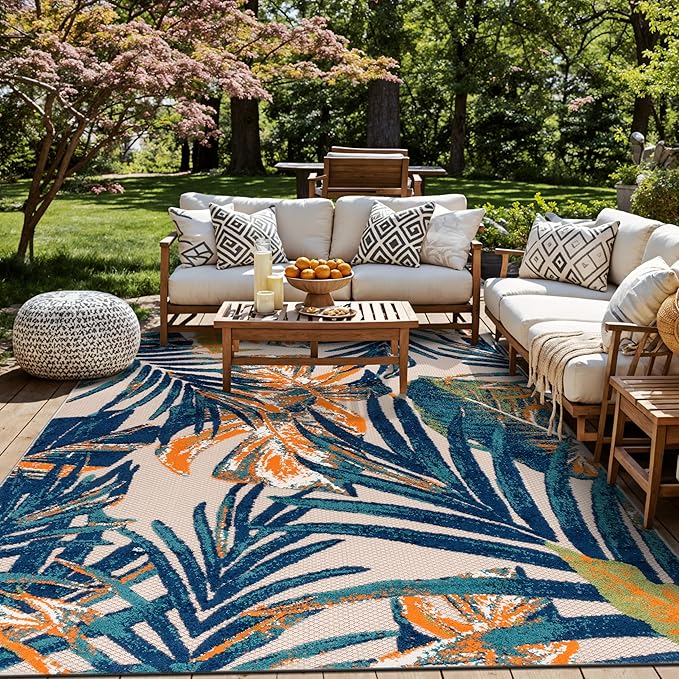 Rugshop Tropical Floral Leaves Indoor/Outdoor Area Rug Durable Polypropylene, Non-Shedding, Easy to Clean, Perfect for Patio, Backyard, Deck and Outdoor Lounge, High Traffic Areas, 6'6" x 9'