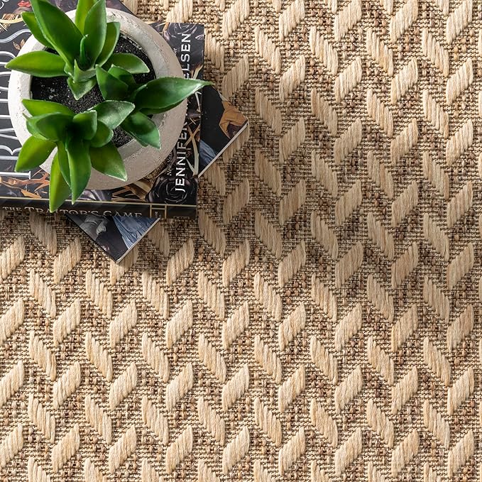 Nuloom Outdoor Performance Camryn Brown/Ivory, 8' Round, Herringbone, Soft, High Traffic, Stain Resistant, Easy Clean, Durable Area Rug for Indoor/Outdoor Patio, Deck, Porch, Garden, Courtyard