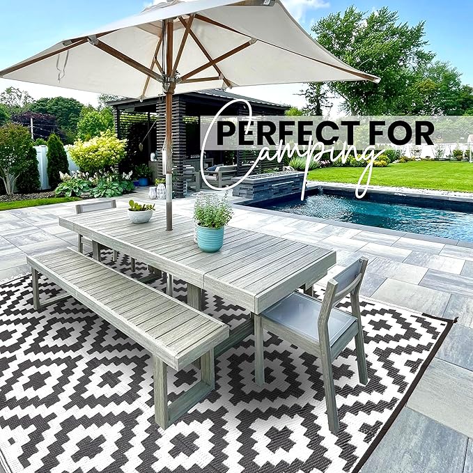 Utopia Home Waterproof Outdoor Rug for Patio 9 x 12 ft, Reversible Plastic Straw Mat for Camping, Picnics, Balcony, Patio, Diamond - Black & White