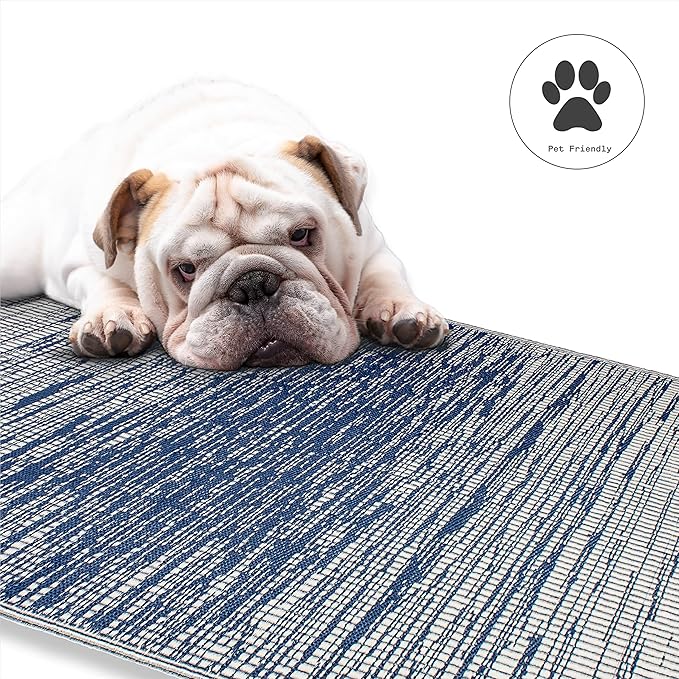 Fab Habitat Outdoor Rug - Waterproof, Fade Resistant, Crease-Free - Premium Recycled Plastic - Distressed Abstract Stripes - Patio, Deck, Porch, Balcony, Laundry Room - Brooklyn - Blue - 4 x 6 ft