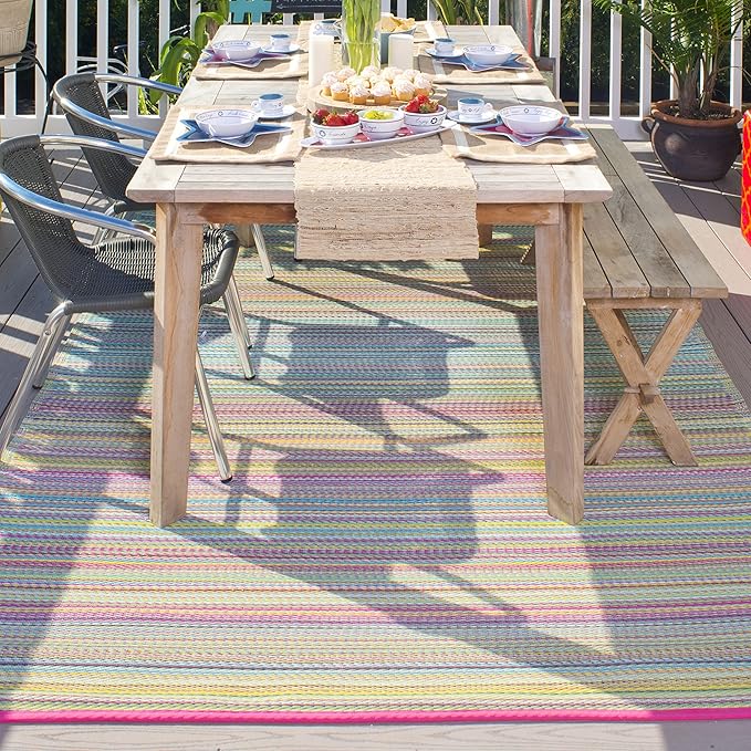 Fab Habitat Outdoor Rug - Waterproof, Fade Resistant, Crease-Free - Premium Recycled Plastic - Striped - Porch, Deck, Balcony, Mudroom, Laundry Room, Patio - Cancun - Candy - 3 x 5 ft