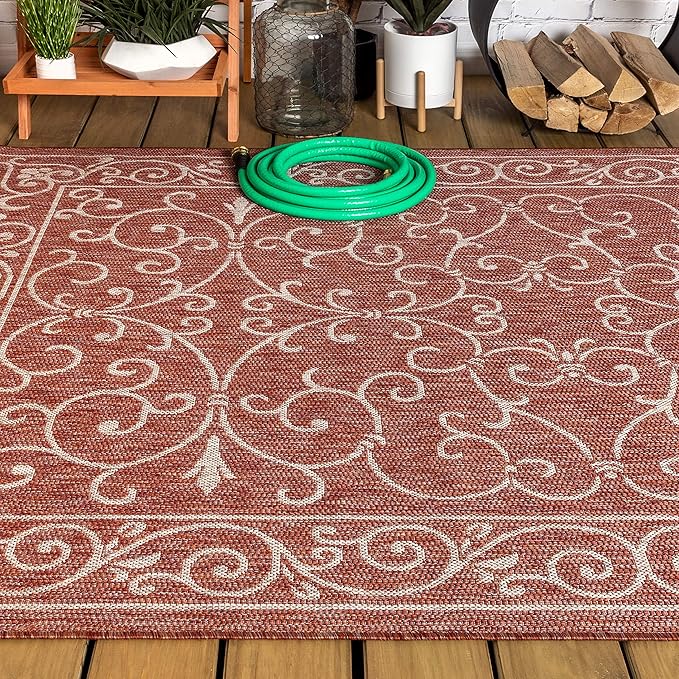 JONATHAN Y Vintage Filigree Indoor Outdoor Area Rug 8X10 Red/Beige, Charleston Textured Weave for Backyard, Patio, Porch, Easy-Cleaning, High Traffic, Pet-Friendly, Non-Shedding (SMB106B-8)