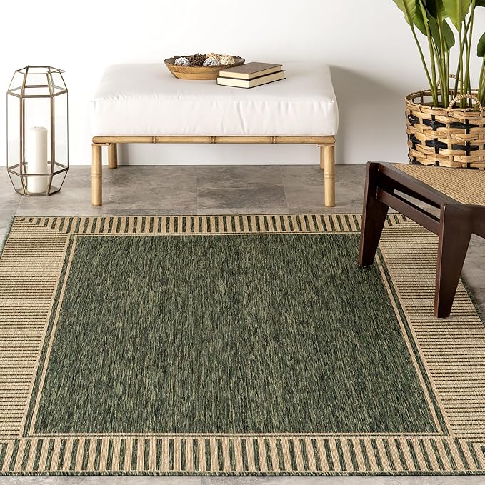 Nuloom Asha Green/Brown, 6'7" x 9', Casual, Striped Border, Soft and Cozy, High Traffic, Stain Resistant, Easy Clean, Durable Area Rug for Indoor/Outdoor Patio, Deck, Porch, Garden, Courtyard