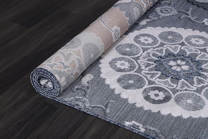 CAMILSON Indoor Outdoor Rug 10x14 Bohemian Medallion Floral Area Rugs for Indoor and Outdoor Patios Easy-Cleaning Non-Shedding Living Room Garden and Kitchen Washable Outside Carpet (10 x 14 / Navy)
