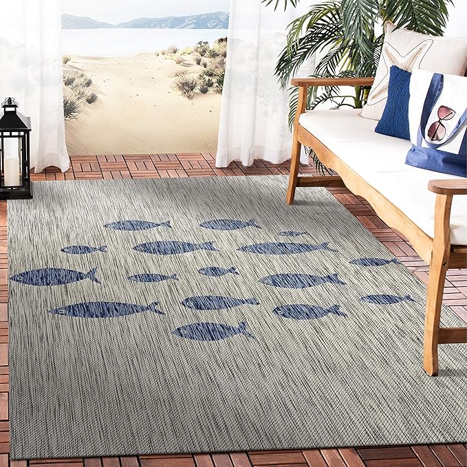 LR Home 8x10 Indoor/Outdoor Area Rug for Home Decor | Coastal School of Fish Large Size Carpet for Living Room, Bedroom, Playroom, Patio, Garden | Modern Farmhouse Rug | Gray/Navy