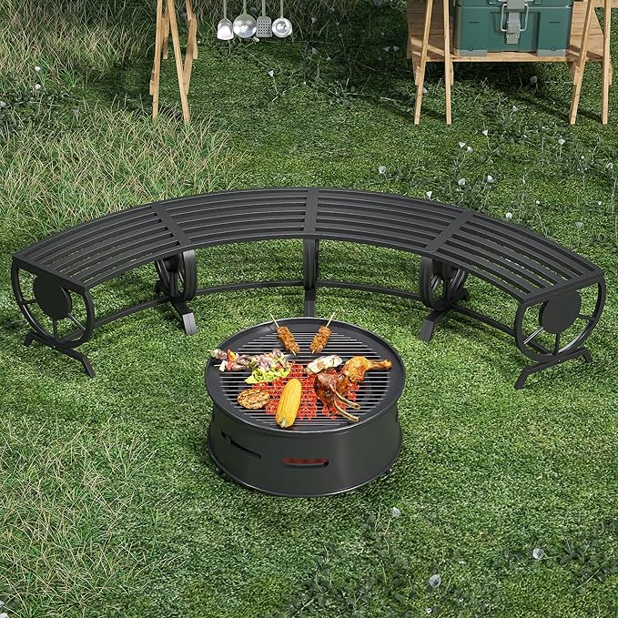 Outdoor Bench Patio Outdoor Garden Bench with Built-in Table, Wagon Wheel Arms, 3 People Outdoor Bench Garden Bench Front Porch Furniture (Black-22.83inch-4Pieces)