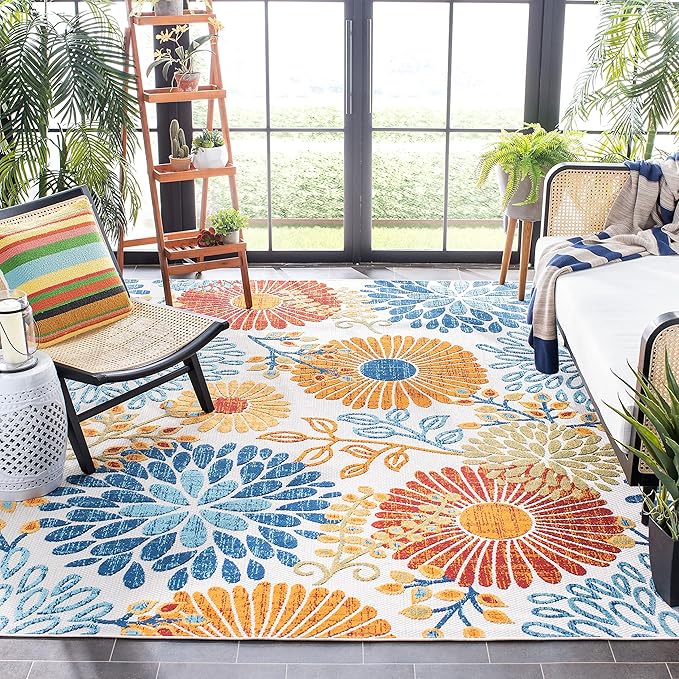 SAFAVIEH Washable Rug Outdoor Cabana Collection - 6'7" Square, Grey & Blue, Non-Shedding & Easy to Clean, Ideal for Patio, Backyard, Mudroom (CBN832F)