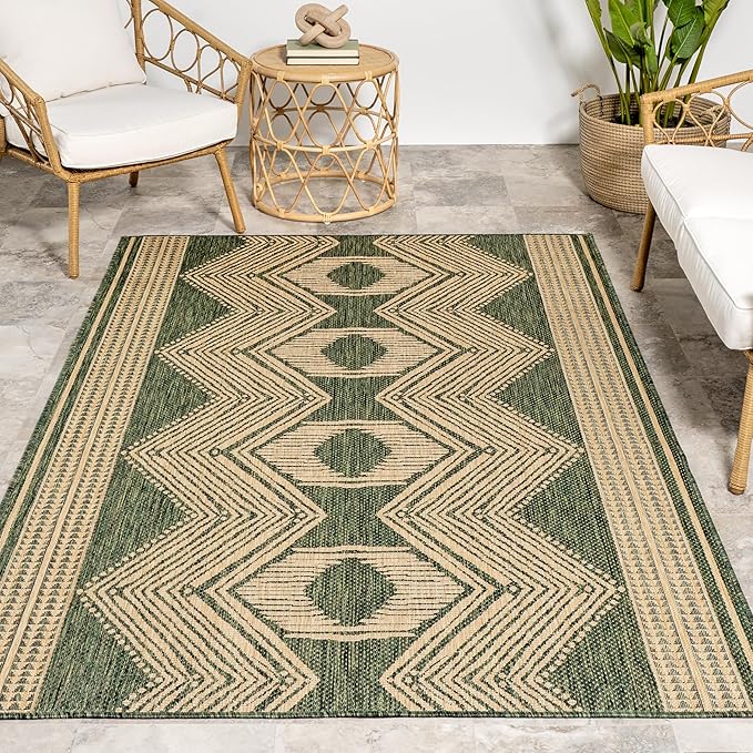 nuLOOM 10' x 14' Outdoor Tribal Geometric Area Rug, Stain Resistant, Weather Resistant, High Traffic, Patio, Balcony, Outside, Ranya Green