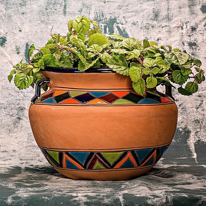 Evergreen Garden Talavera Mexican Pottery Ceramic Chata | Flower Pot Plant Succulent | Indoor Outdoor (14 in. Multicolor Striped)
