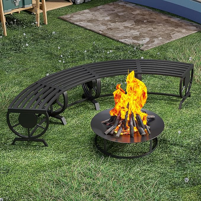 Outdoor Bench Patio Outdoor Garden Bench with Built-in Table, Wagon Wheel Arms, 3 People Outdoor Bench Garden Bench Front Porch Furniture (Black-22.83inch-2Pieces)
