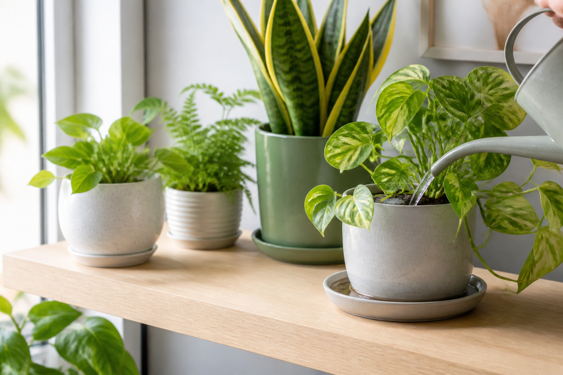 Healthy potted plants arranged with drainage saucers on a bright indoor shelf