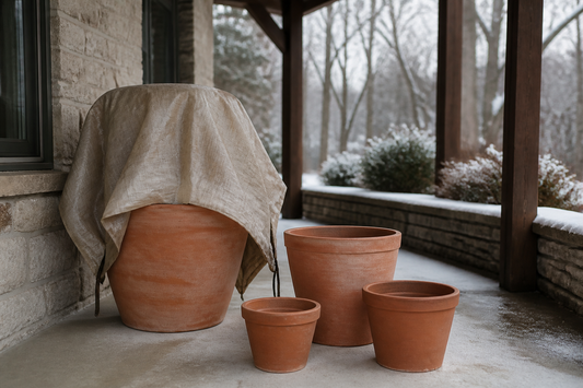 Unglazed terracotta pots protected from winter moisture and frost on a sheltered patio