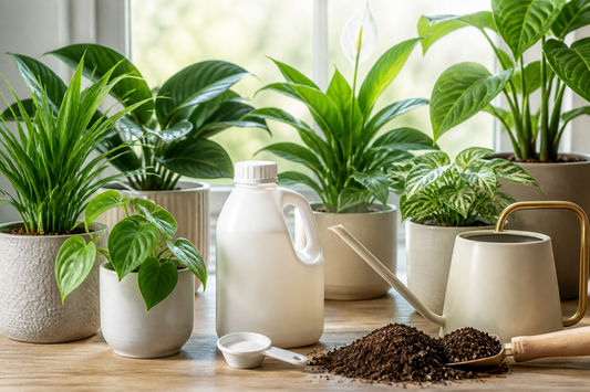 Healthy potted houseplants arranged with liquid fertilizer and watering supplies