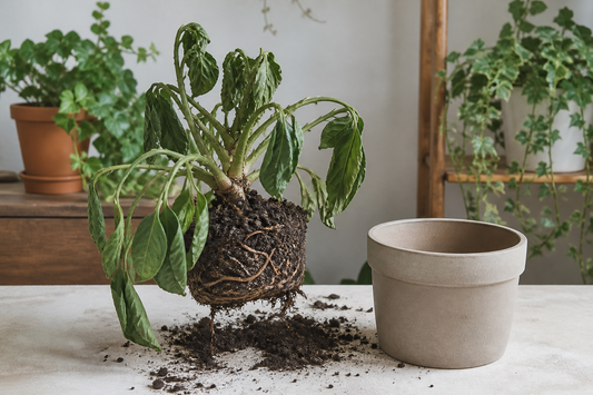 Wilted potted houseplant with its root ball partly removed for inspection beside a clean work surface