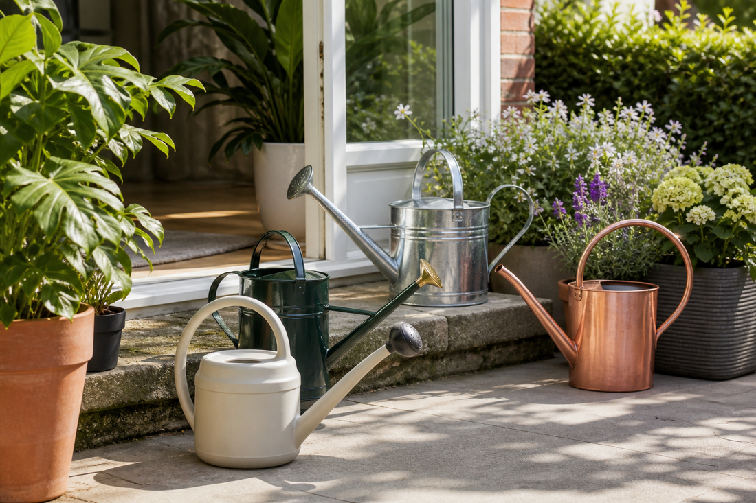 Different watering cans arranged with indoor and outdoor container plants