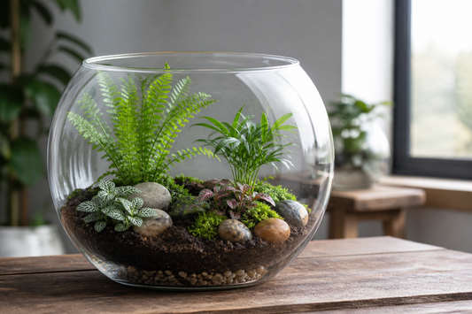 Finished planted terrarium with layered planting medium, healthy small plants, and decorative stones