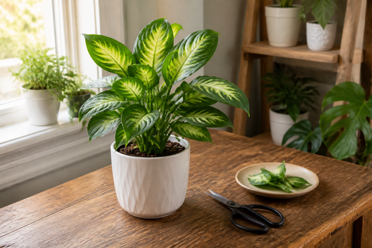 Pruning scissors beside a healthy indoor houseplant on a bright tabletop