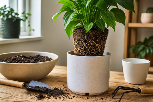 Houseplant being carefully moved into a slightly larger ceramic pot with fresh potting mix