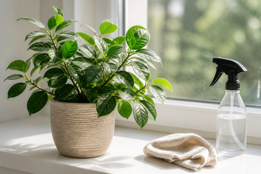 Healthy houseplant with a soft cloth and plain refillable spray bottle prepared for safe leaf cleaning