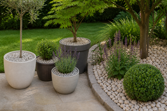 Decorative stones used as a thin top dressing around potted plants and along a neat garden bed