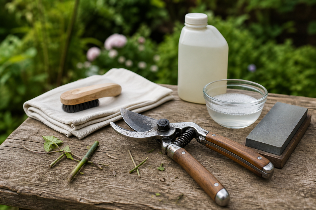 Pruning shears with cleaning and sharpening supplies arranged for routine maintenance