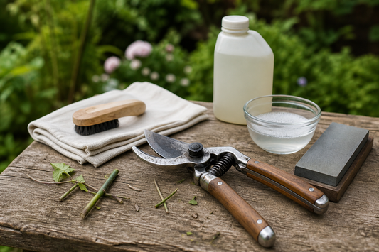 Pruning shears with cleaning and sharpening supplies arranged for routine maintenance