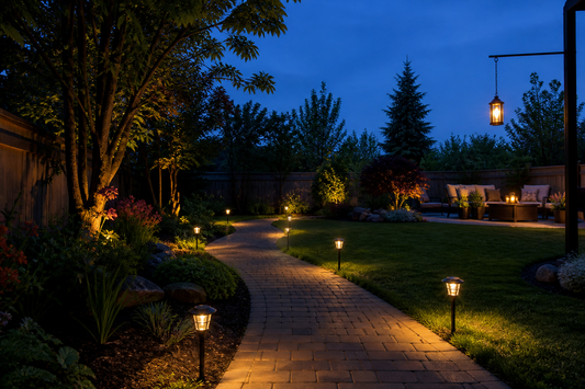 A balanced solar garden lighting plan connecting a pathway, patio, and flower beds