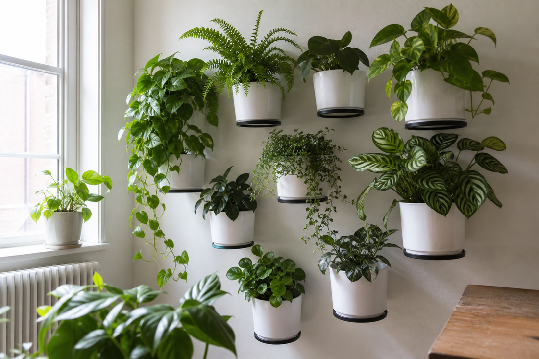 Finished indoor vertical garden with plants arranged by light and accessible for care