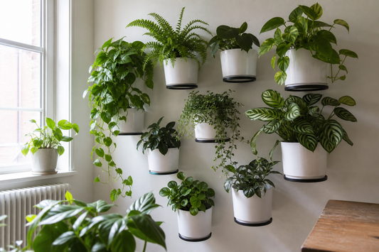 Finished indoor vertical garden with plants arranged by light and accessible for care