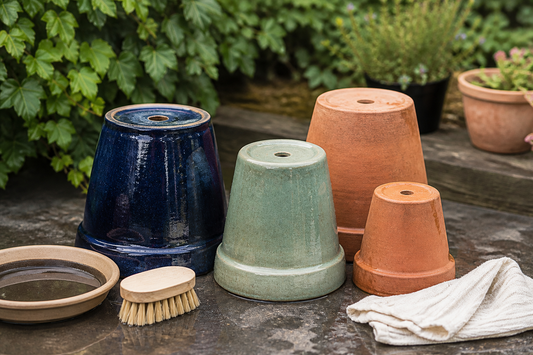 Clean ceramic and terracotta pots turned upside down to dry after washing