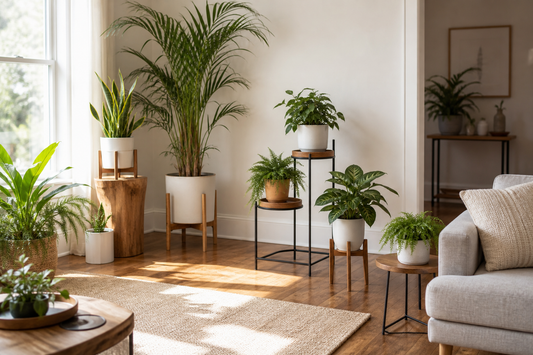 Indoor plants displayed on wood, metal, and mixed-material stands at different heights in a bright living room