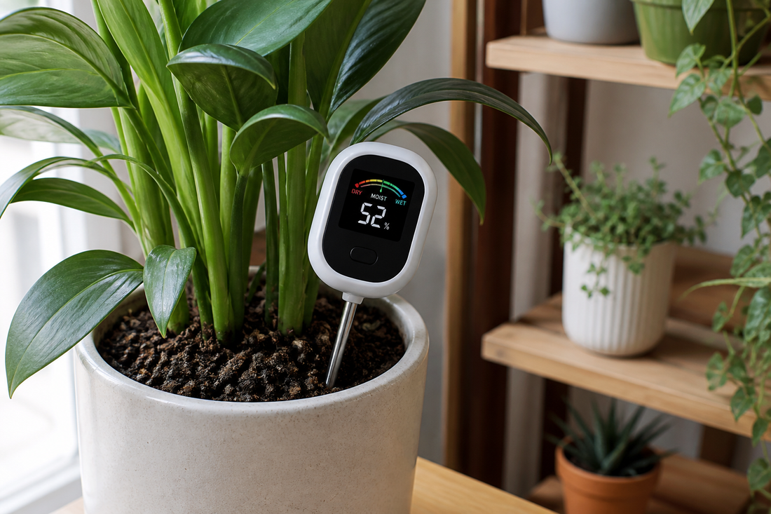 Soil moisture meter inserted into the root-zone soil of a healthy houseplant on an indoor shelf