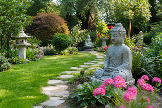 Garden statues of different sizes arranged with intentional spacing among flowers, lawn, shrubs, and a stone path