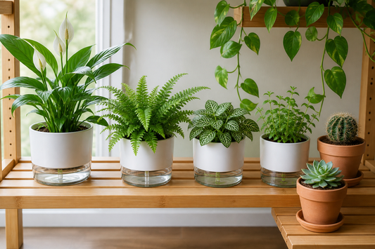 Moisture-loving and drought-adapted houseplants arranged with different planter types