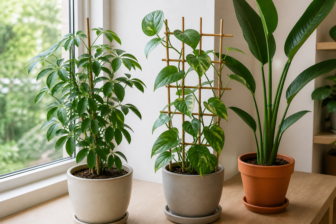 Houseplants supported with a stake, trellis, and loose plant ties indoors
