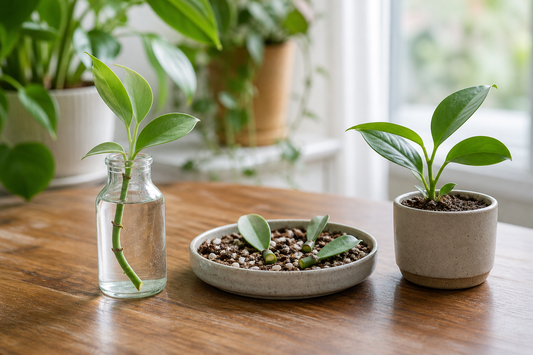 Stem cuttings, leaf cuttings, and a rooted offset arranged on an indoor plant-care table