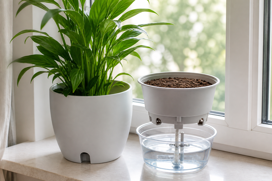 Self-watering planter with visible reservoir and healthy houseplant on a bright windowsill