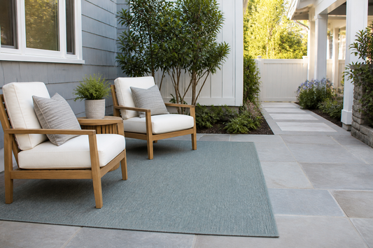 Outdoor rug defining a patio seating area with chairs and a side table