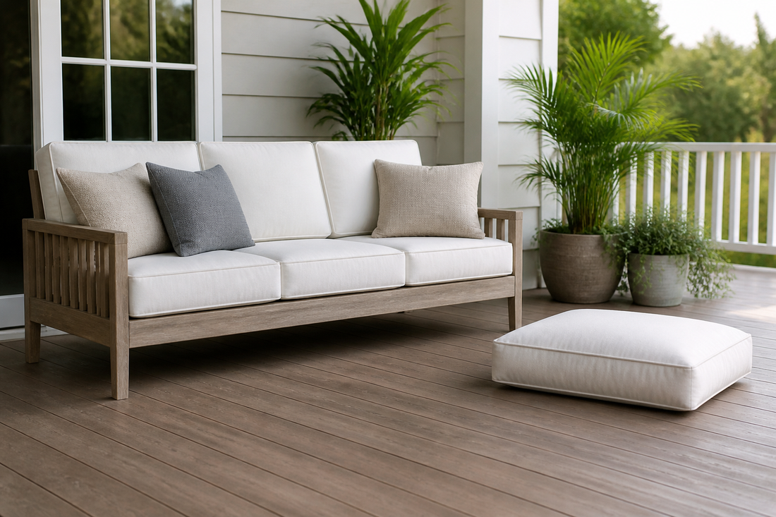 Clean outdoor cushions arranged on a covered patio with space between them for airflow