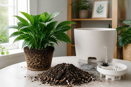 Healthy houseplant being prepared for transfer into a self-watering planter with fresh potting mix
