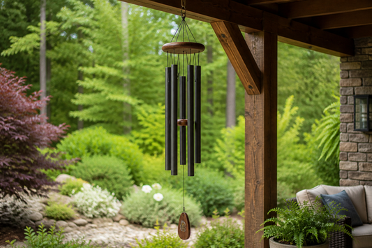 Outdoor wind chime hanging from a secure covered patio beam beside seating and a landscaped garden