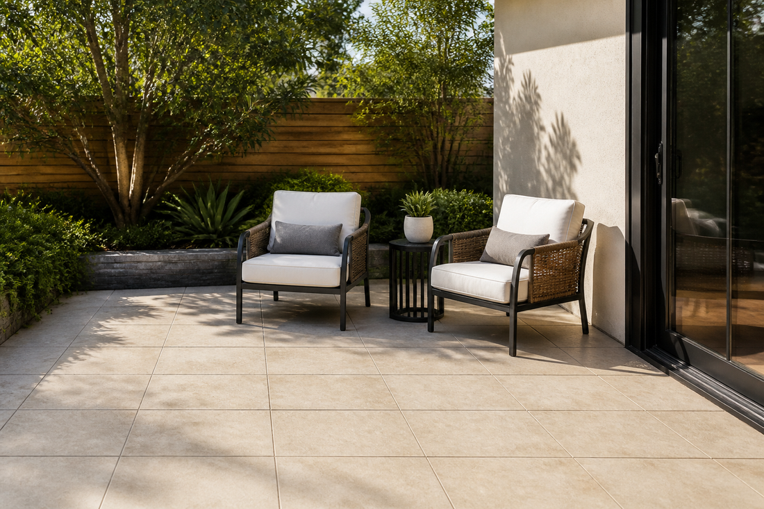 Compact patio with two outdoor chairs, a small side table, cushions, and a clear walking path from the door