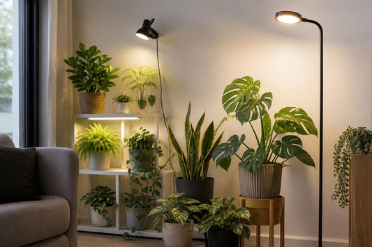 Indoor plants arranged beneath different grow light setups in a bright home