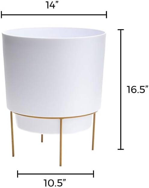 Bloem Hopson 14" Round Casper White Plastic Resin Planter with Drainage Holes and Gold Metal Stand, Made in USA