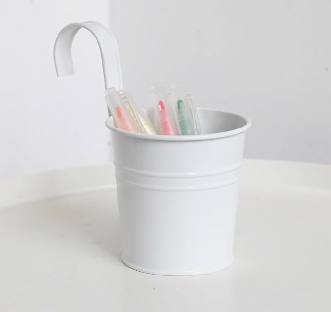 Leoyoubei Hanging Flower Pots for Outdoor Indoor Plants with Removable Hooks -5 Pack Metal Buckets Hanging Planters Wall Fence Home Decor-Storage Box,Drainage Holes -5''Diameter (White)