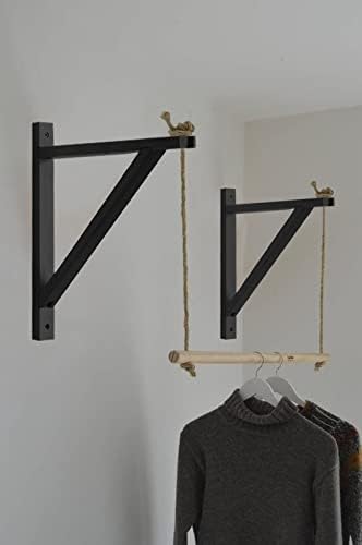 PRIADE Wall Mounted Wood Bracket for Hanging Sconce Pendant Lamp Kits, Planters, Lanterns, Wind Chimes, 12 Inch Floating Shelves Bracket, Set of 2 (Black)
