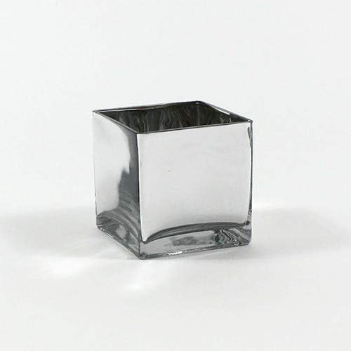 WGV Cube Glass Vase, Candle Holder, 5"x5"x5", Silver Elegant Floral Accent Container Planter Terrarium Storage for Wedding Party Ceremony Event Office Home Decor, 1 Piece