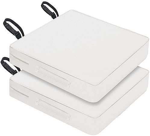 Patio Chair Cushions 24x24x4 Inch, Waterproof Outdoor Seat Cushions with Adjustable Straps & Handle, Thick High-Density Foam, Fade-Resistant, Machine Washable, 2 Pack Light Grey